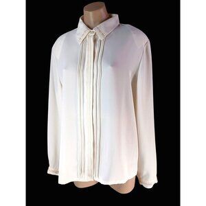 Vintage Koret Off White Button Blouse Embroidered Collar Size 16 Pleated Office